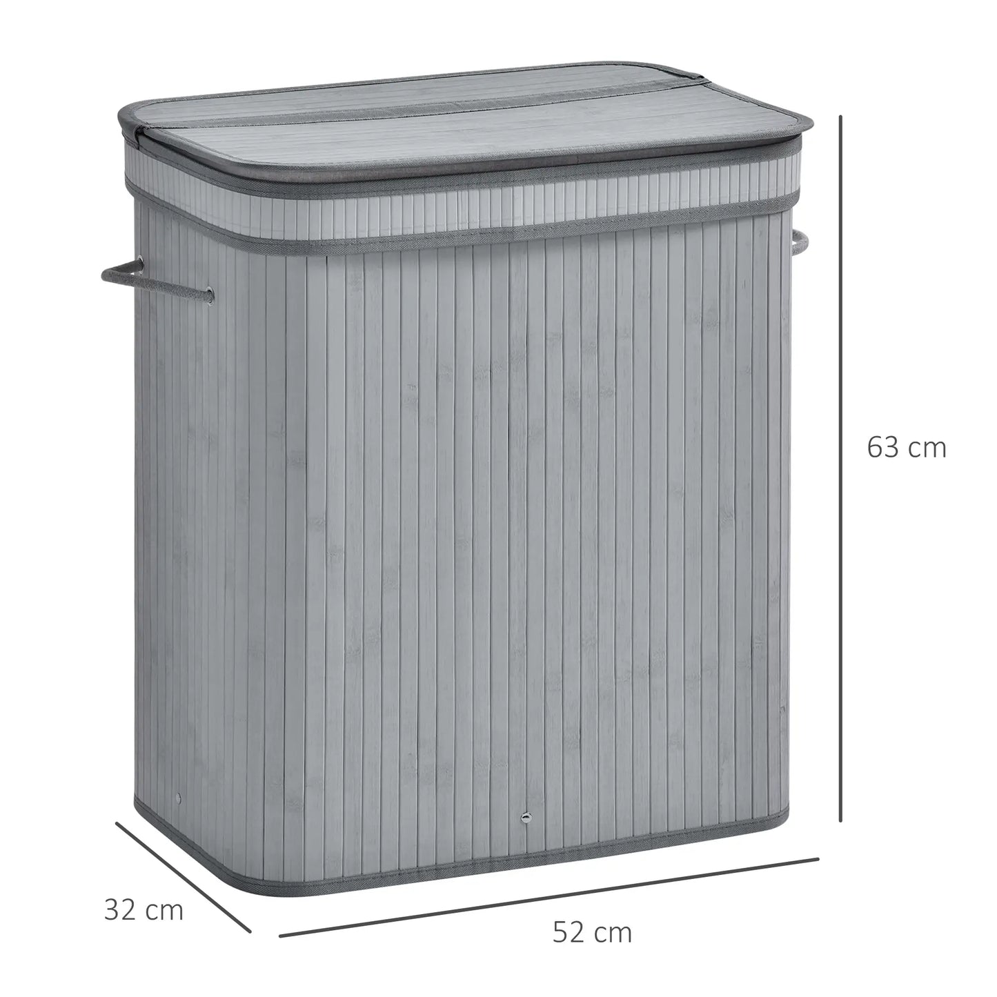 HOMCOM 100L Natural Wood Laundry Basket Compartment w/Flip Lid Removable Lining Handles Foldable, Dirty Clothes Storage, Grey