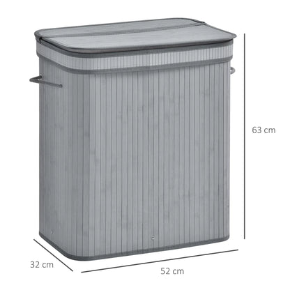HOMCOM 100L Natural Wood Laundry Basket Compartment w/Flip Lid Removable Lining Handles Foldable, Dirty Clothes Storage, Grey