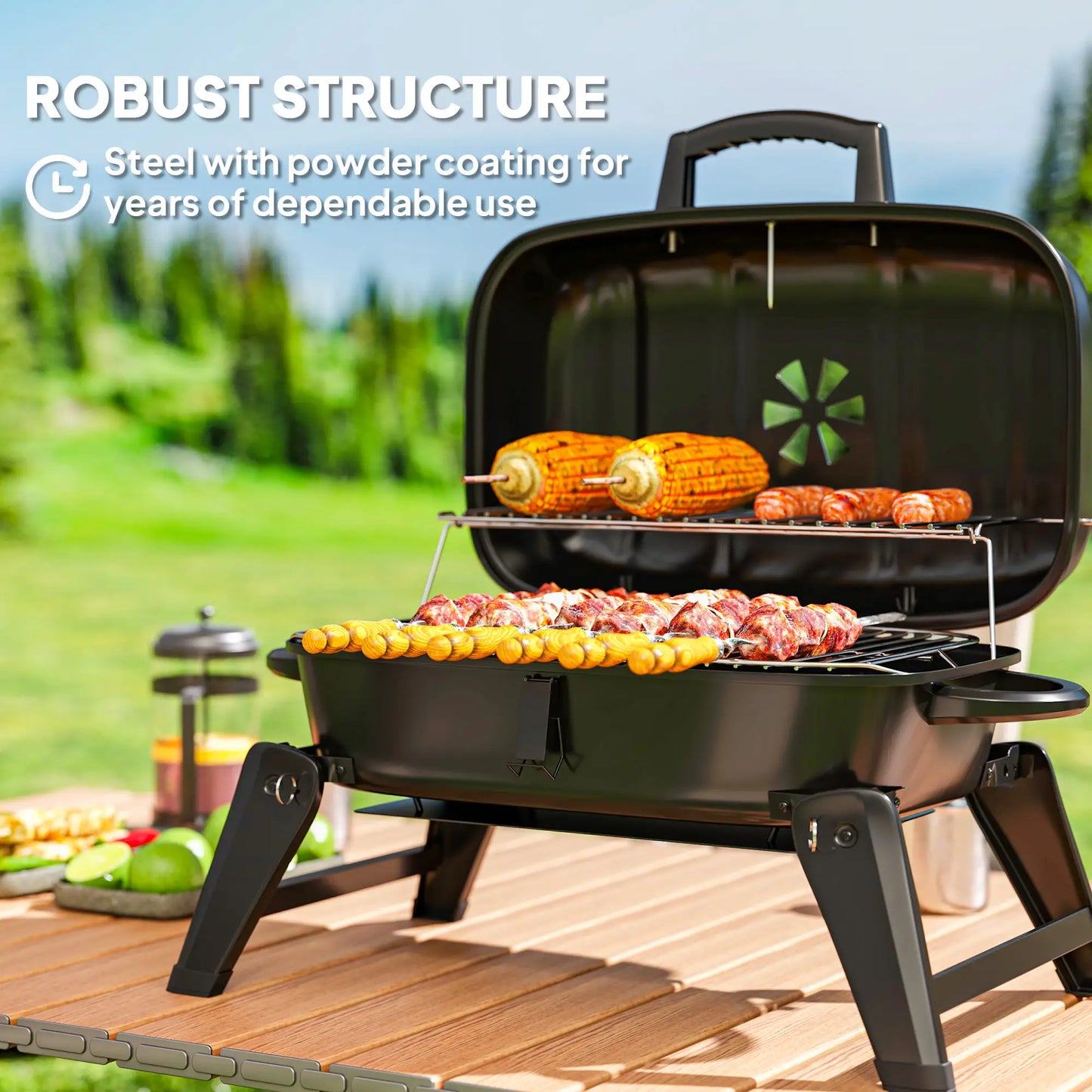 Outsunny Charcoal Barbecue Grill Folding Portable BBQ Grill with Thermometer for Camping & Picnic, Black