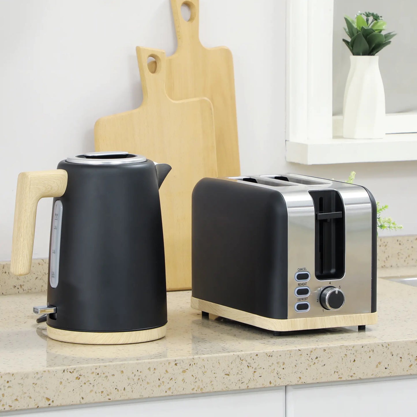 HOMCOM Stainless Steel Kettle and Toaster Kitchen Set, 1.7L 3000W Fast Boil Kettle & 2 Slice Toaster, Black