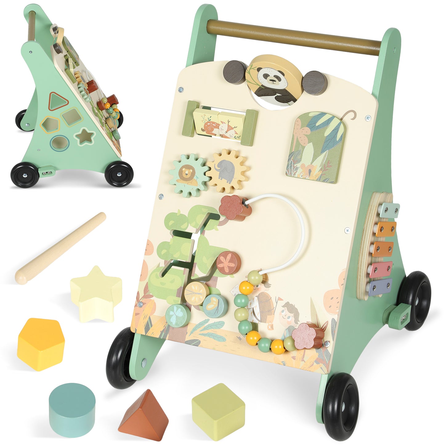 AIYAPLAY Wooden Baby Walker, Push Along Walker Toys with Speed Control, Xylophone, Gears & Bead Maze, Green