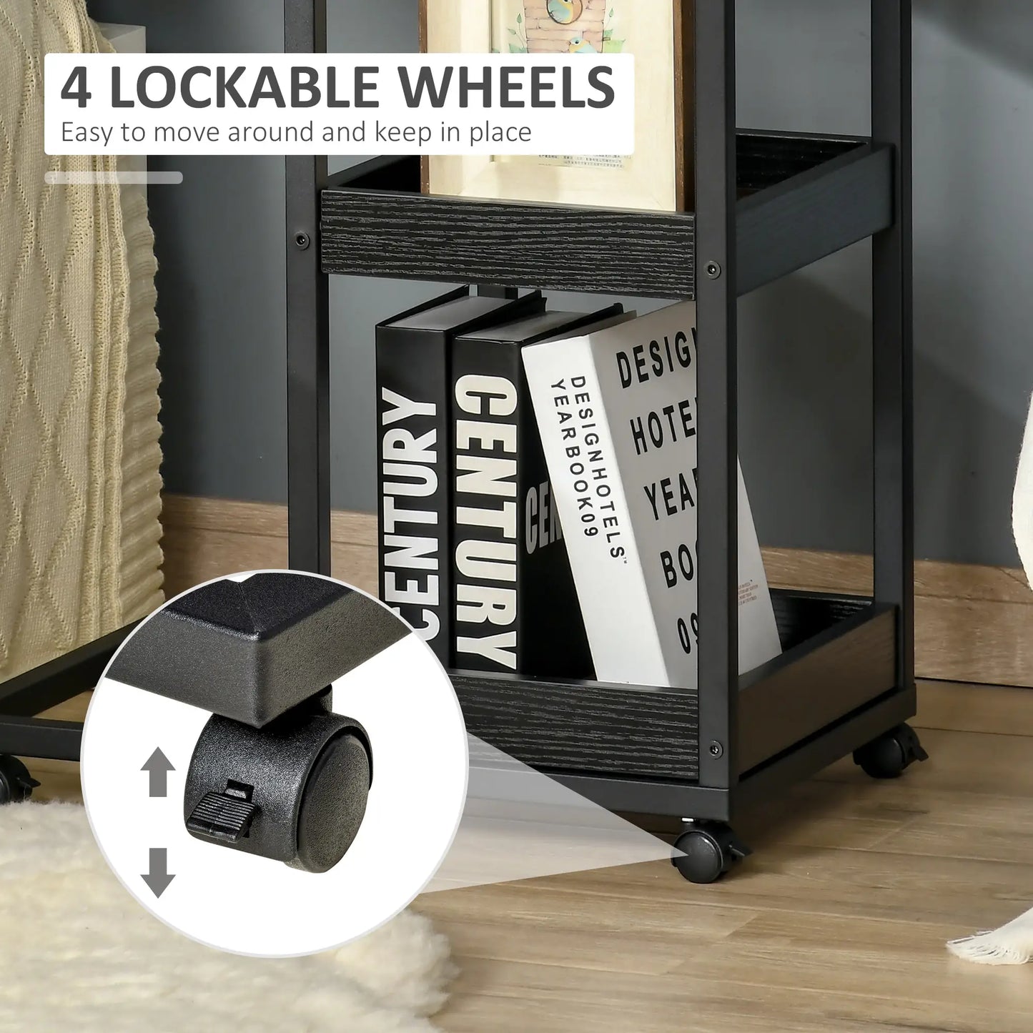 HOMCOM Industrial Mobile Sofa Side Table C-Shaped Rolling Couch Table with 3-Tier Storage Shelving Four Lockable Wheels - Brown