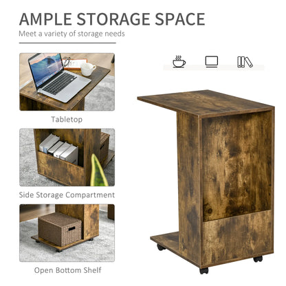 HOMCOM Mobile Sofa Side Table C-Shape End Table with Storage & Casters for Laptop Coffee Snack, Rustic Brown