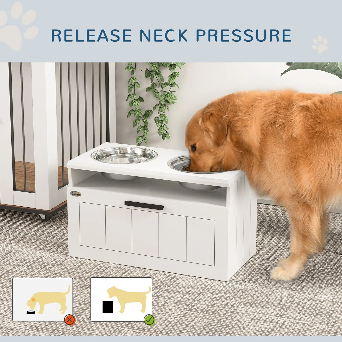 PawHut Raised Dog Bowl with Slow Feeder, Two Stainless Steel Bowls, Drawer for Large & Extra Large Dogs, White