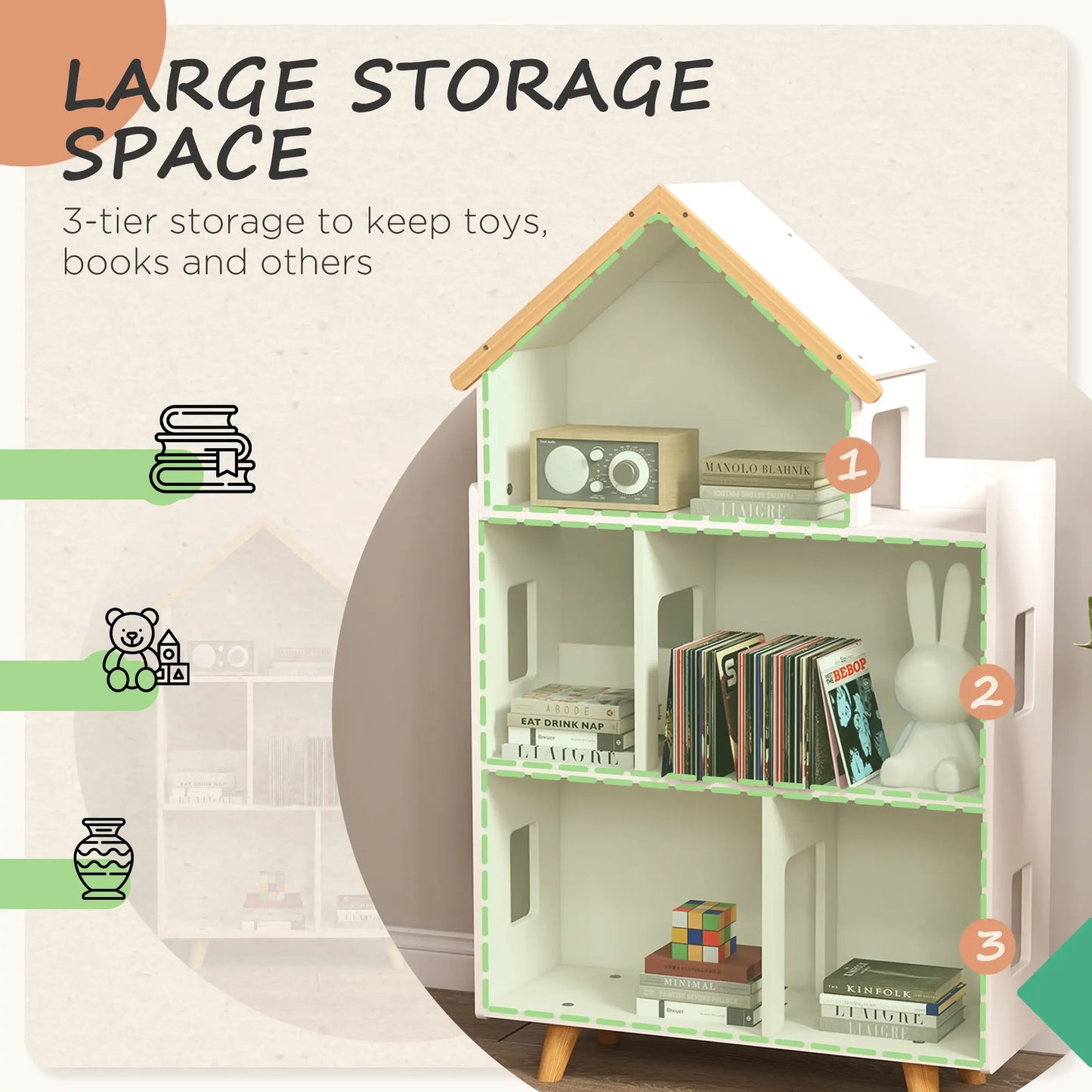 ZONEKIZ Three-Tier Toy Storage Shelf, Kids Bookcase with Six Cubes for Playroom, Bedroom - White