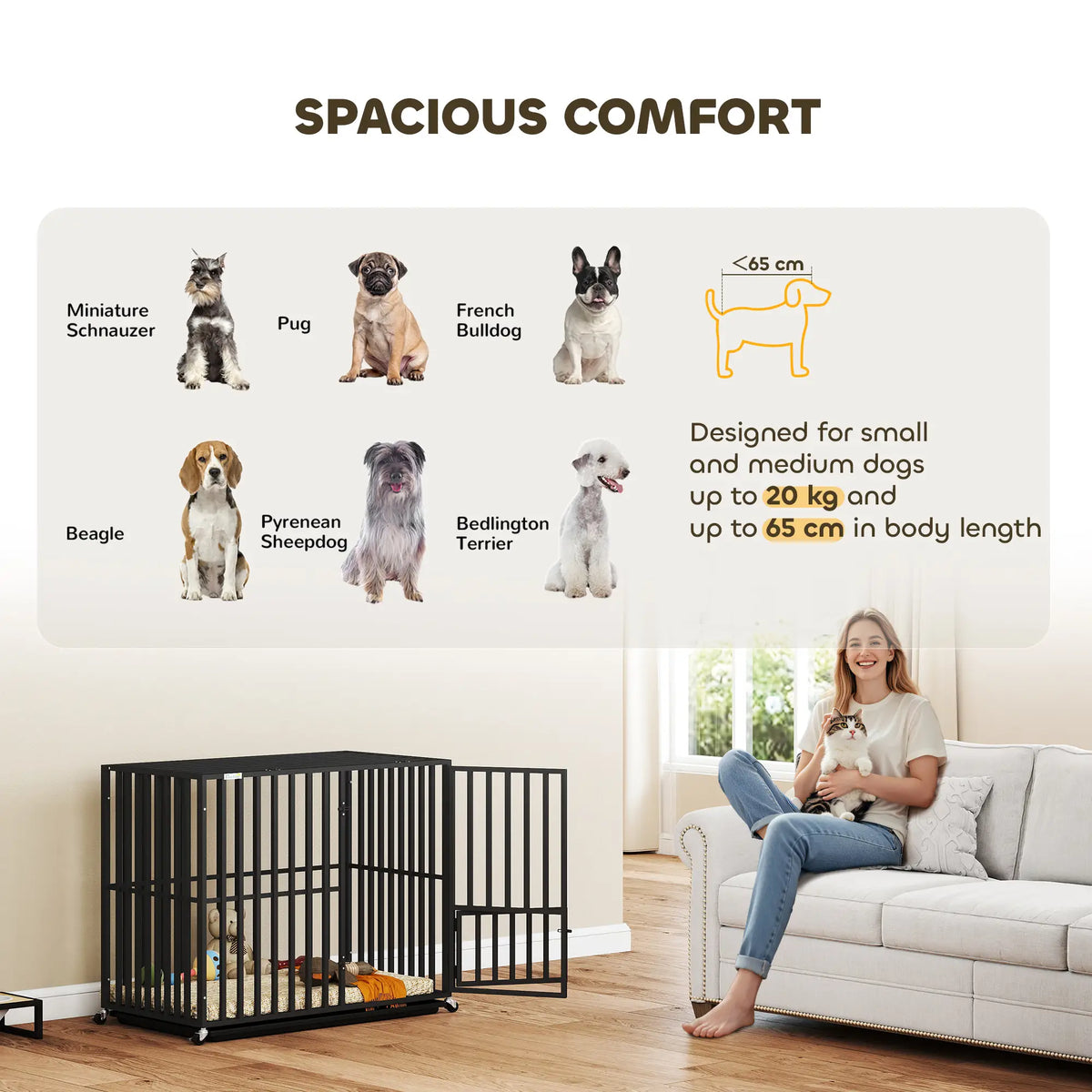PawHut Heavy Duty Dog Crate, Dog Cage with Wheels for Small Medium Breeds, Metal Pet Kennel