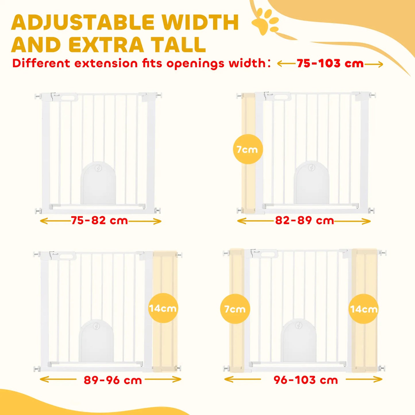 PawHut Dog Gate with Cat Flap Pet Safety Gate Barrier, Stair Pressure Fit, Auto Close, Double Locking, for Doorways, White