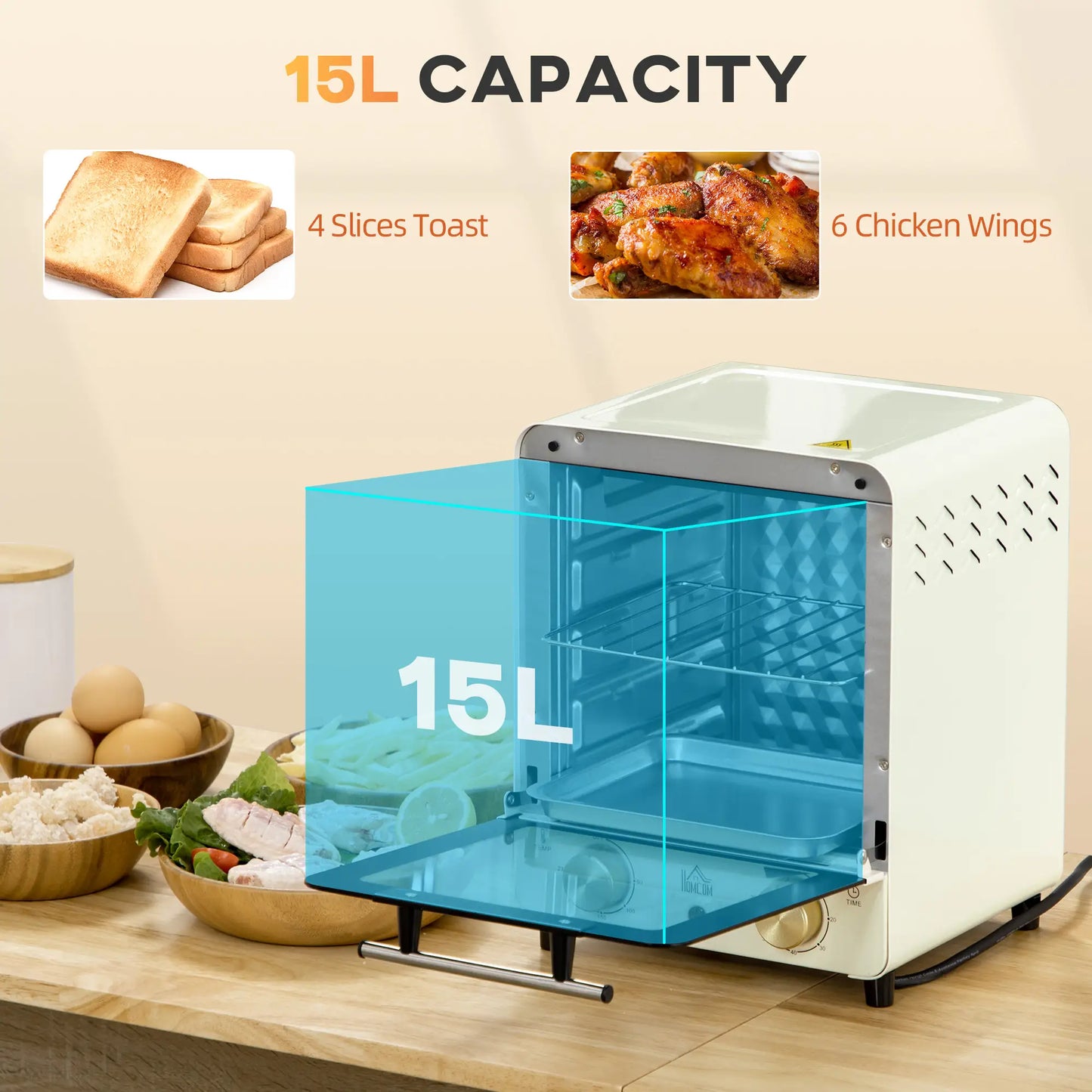 HOMCOM 15 Litres Electric Mini Oven, Grill with 60-230℃ Adjustable Temperature, 1000W, Cream White
