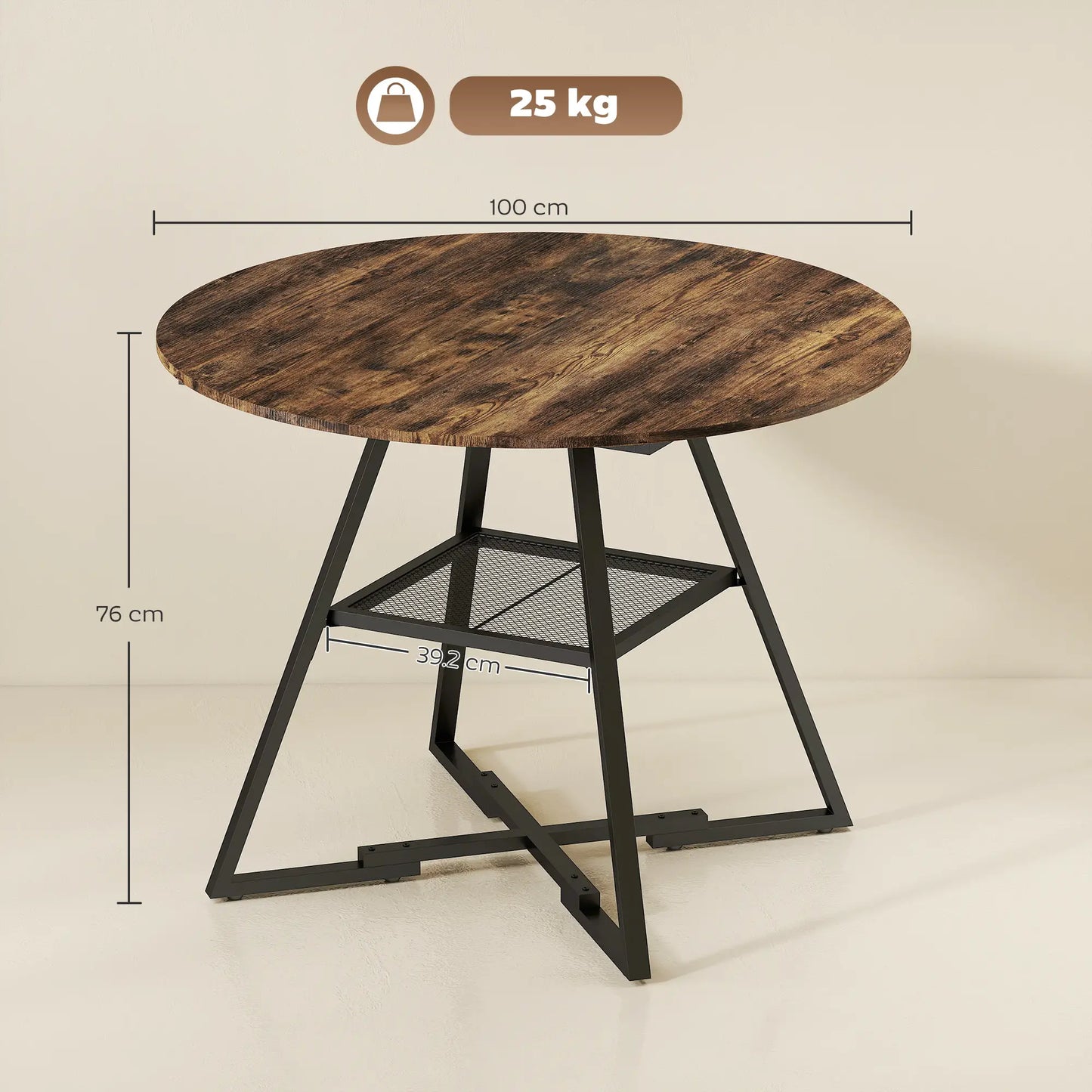 HOMCOM Dining Table for 4 People, Round Industrial Kitchen Table with Storage Shelf, Rustic Brown