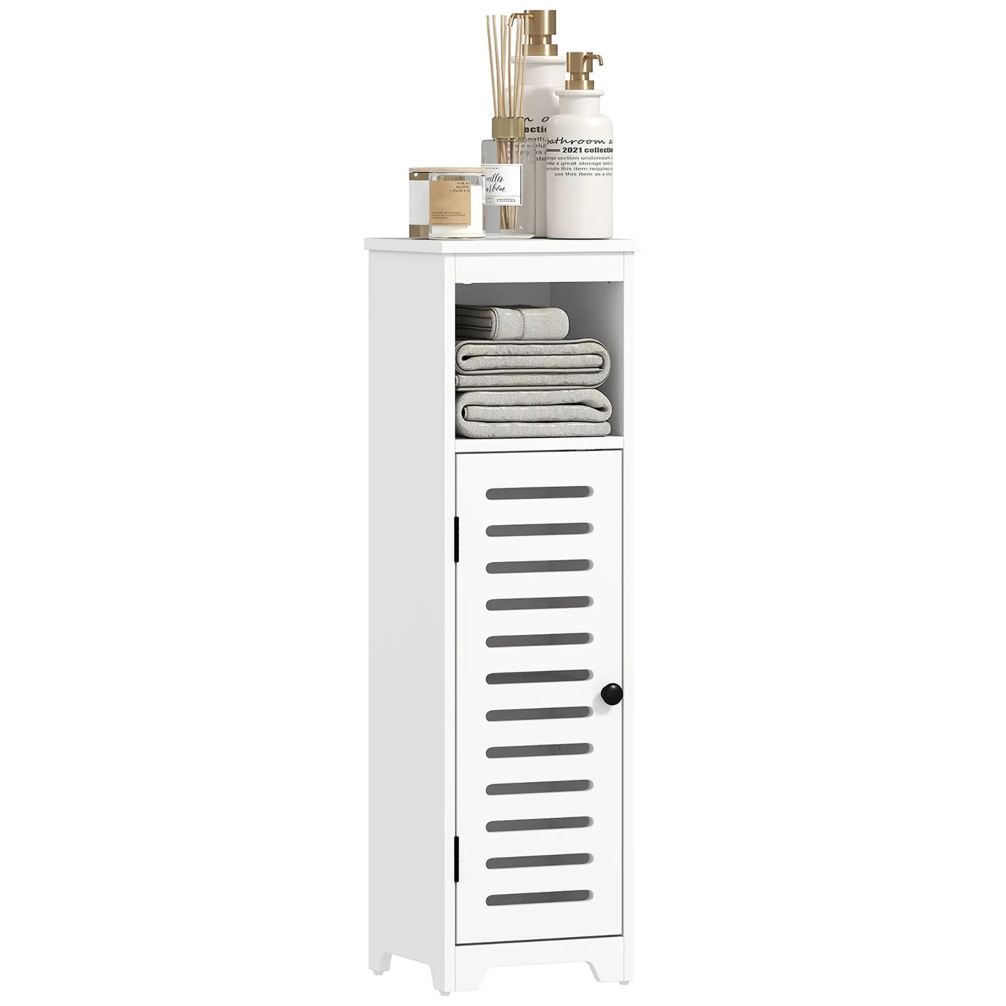 HOMCOM Bathroom Floor Cabinet, Storage Unit with Louvered Door, Open Shelf, Adjustable Shelf, White