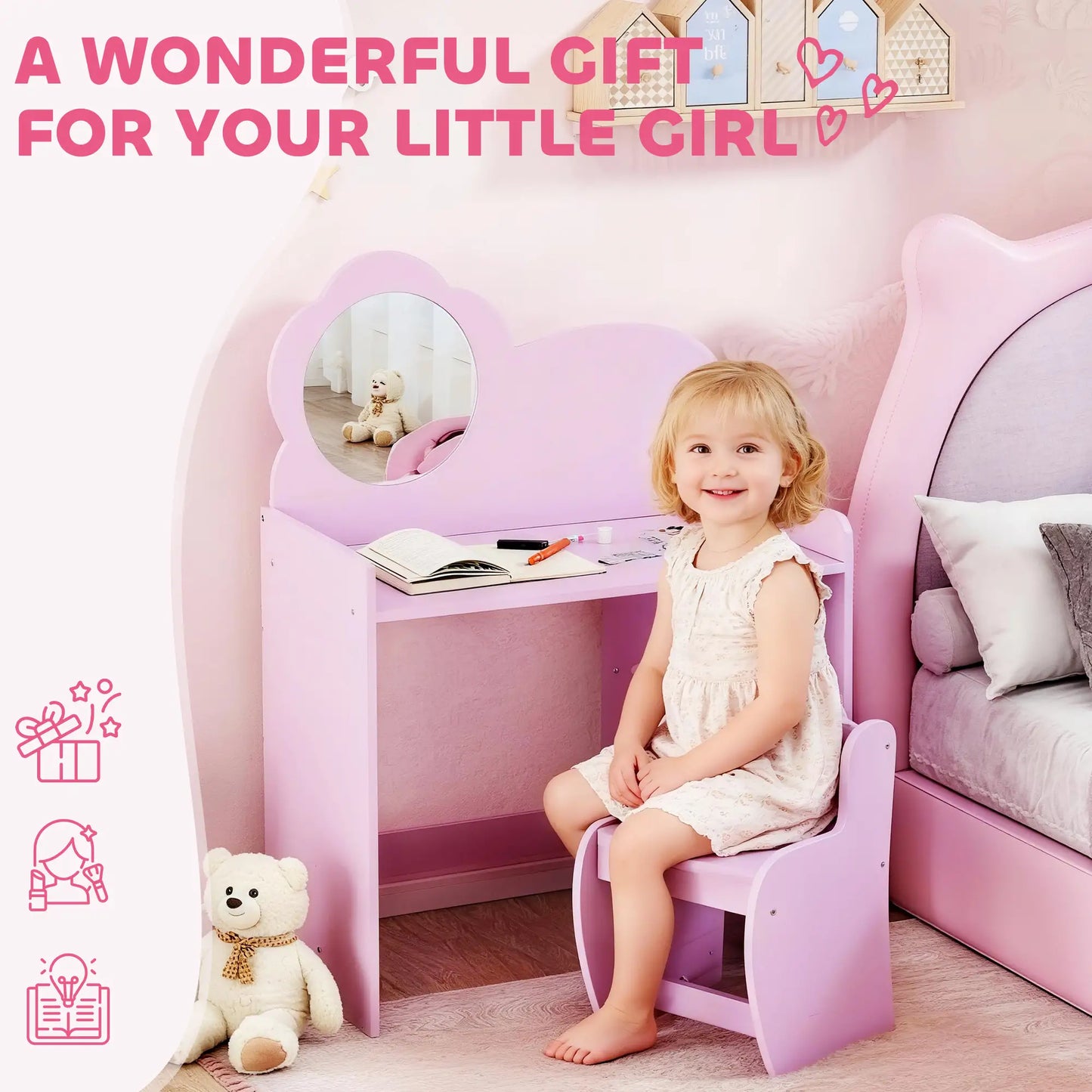 AIYAPLAY Kids Dressing Table with Mirror, Stool, Kids Vanity Table with Shelves for Ages 3-8 Years, Pink