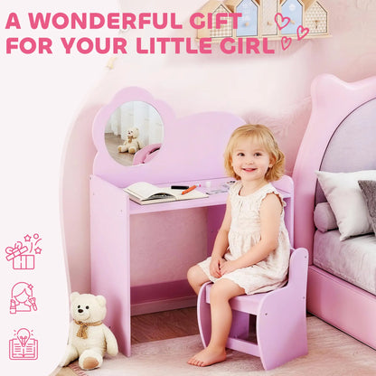 AIYAPLAY Kids Dressing Table with Mirror, Stool, Kids Vanity Table with Shelves for Ages 3-8 Years, Pink