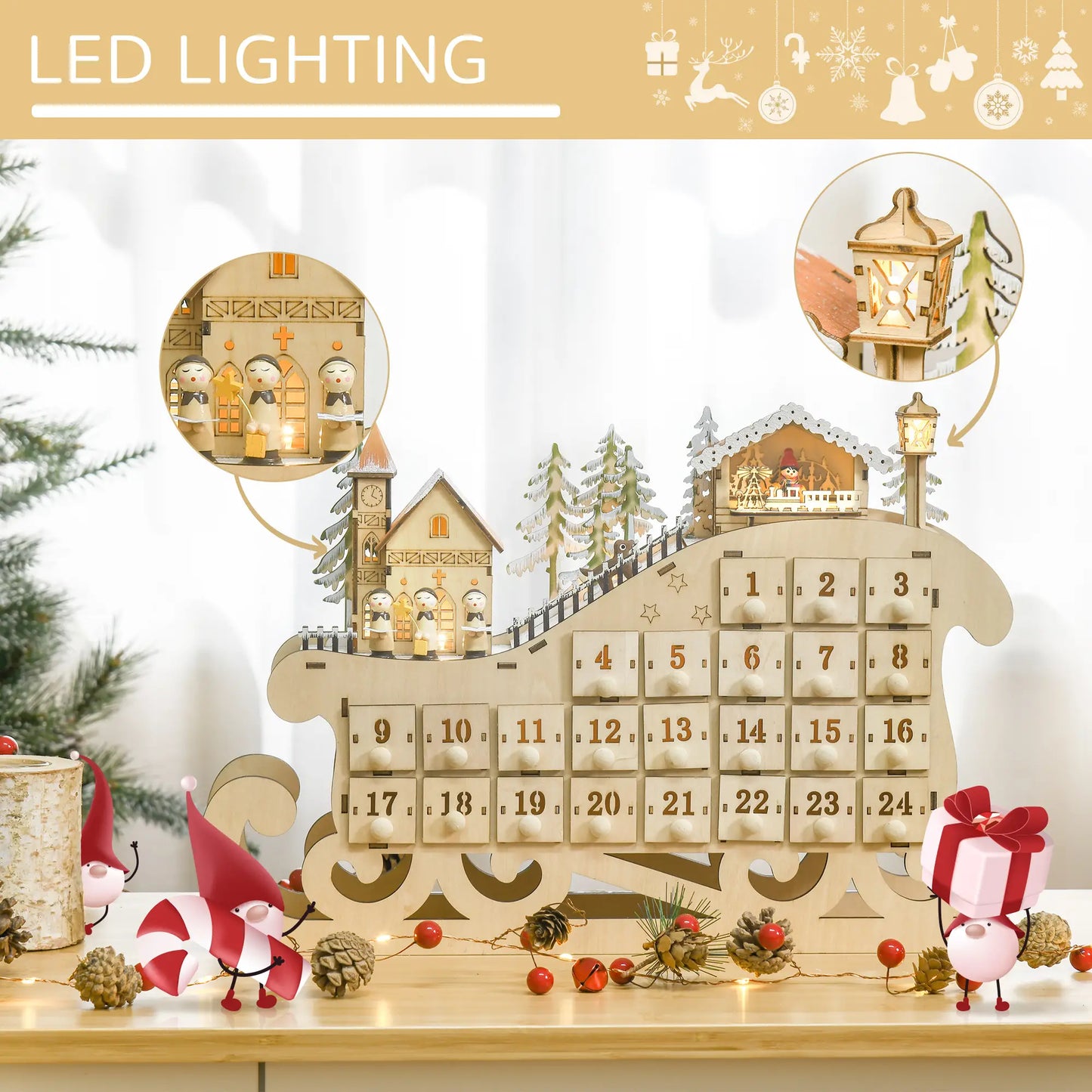 HOMCOM Christmas Advent Calendar, 2021 Light Up Table Xmas Wooden Sleigh Holiday Decoration with Countdown Drawer, Natural Wood Color
