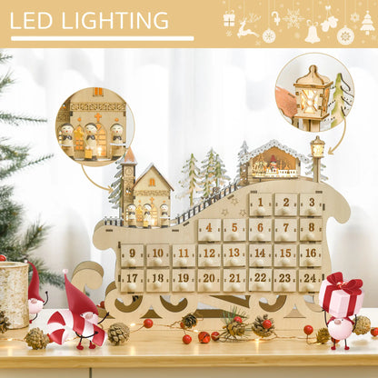 HOMCOM Christmas Advent Calendar, 2021 Light Up Table Xmas Wooden Sleigh Holiday Decoration with Countdown Drawer, Natural Wood Color