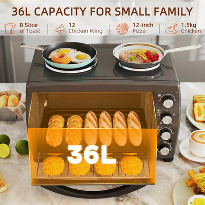 HOMCOM 36L Small Electric Oven with 2 Hot Plates, Countertop Toaster Oven, Grill, Roast, Bake, with Timer, Adjustable Temperature & Baking Tray, 2600W