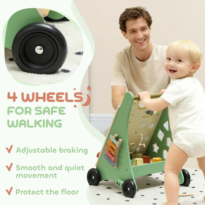 AIYAPLAY Wooden Baby Walker, Push Along Walker Toys with Speed Control, Xylophone, Gears & Bead Maze, Green