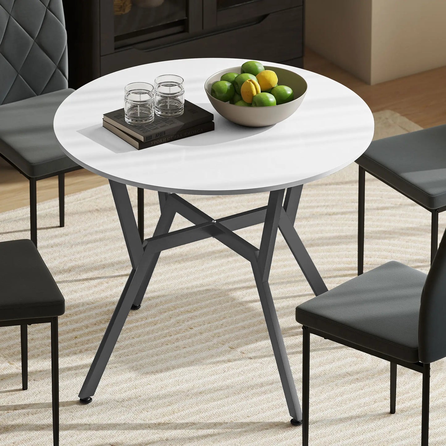 HOMCOM Dining Table, Round Kitchen Table with Black Legs, High Gloss White