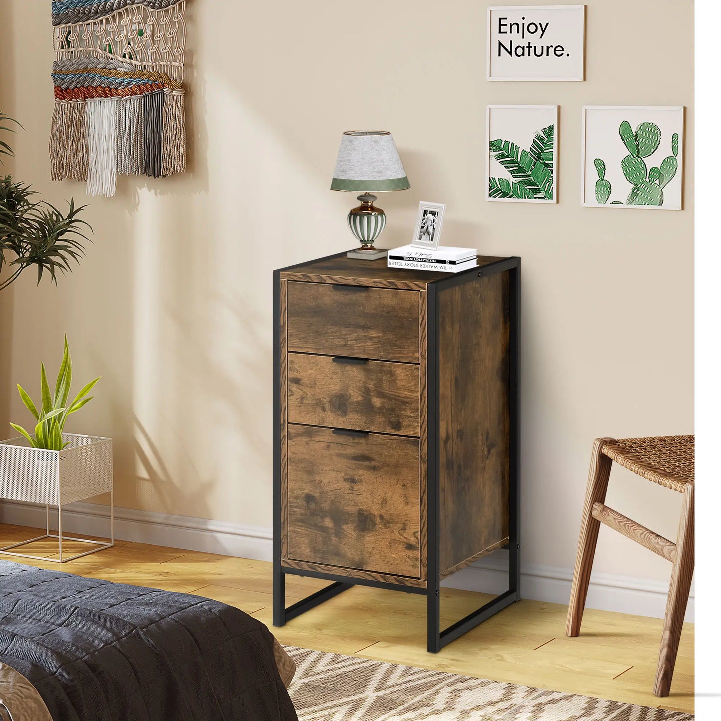 HOMCOM Bedroom Chest of Drawers, Industrial 3-Drawer Dresser, Storage Drawers with Metal Frame, Rustic Brown