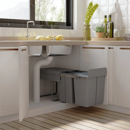 HOMCOM Kitchen Recycle 2 x 20L Waste Bin Pull Out Soft Close Dustbin Recycling Cabinet Trash Can, Grey