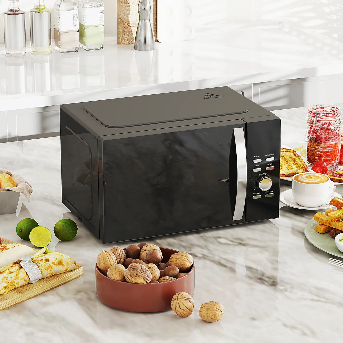 HOMCOM 23L 800W Digital Solo Microwave Oven with 5 Power Levels, Automatic Defrost, 8 Auto Cook Menus, Small, Black