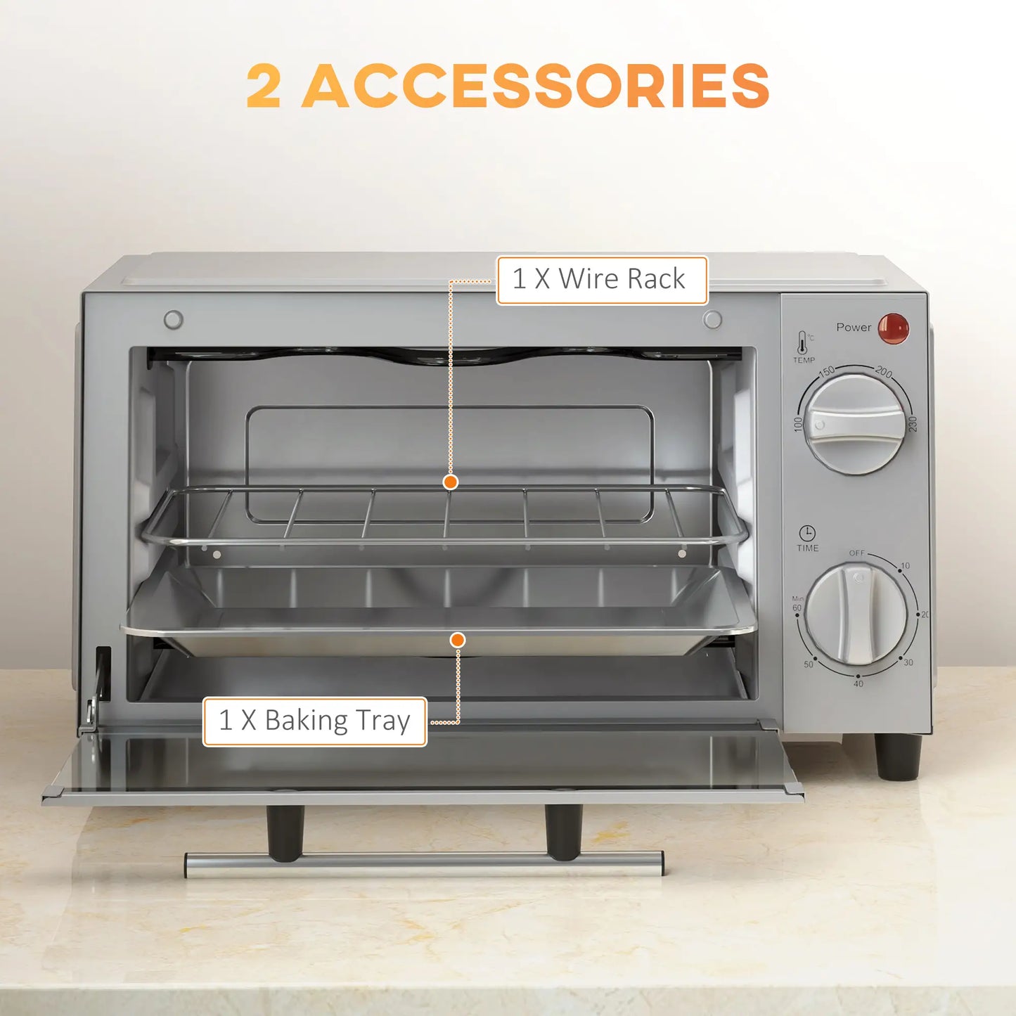 HOMCOM Mini Oven, 9L Countertop Electric Grill, Toaster Oven with Timer, Dishwasher Safe, 750W, Silver