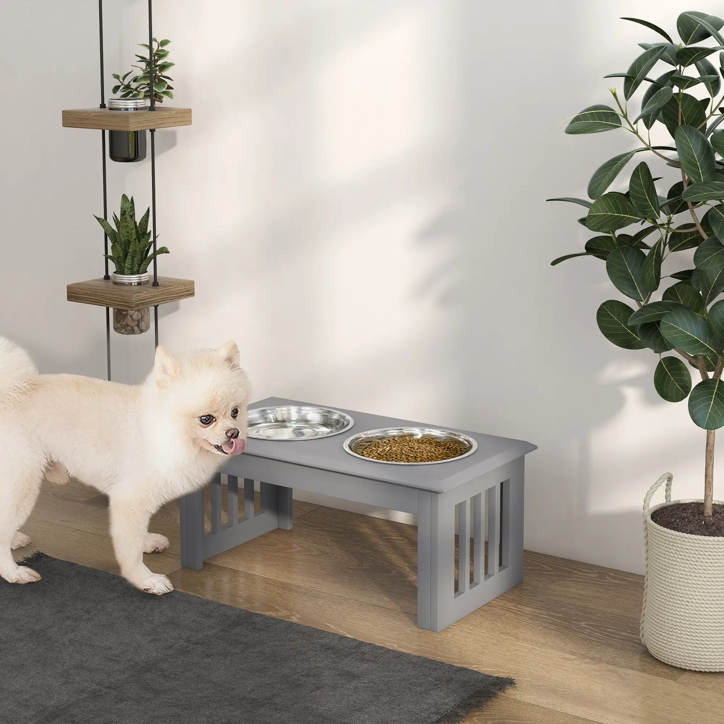 PawHut Raised Dog Feeding Bowls with Stand, Stainless Steel for Medium Dog - Grey