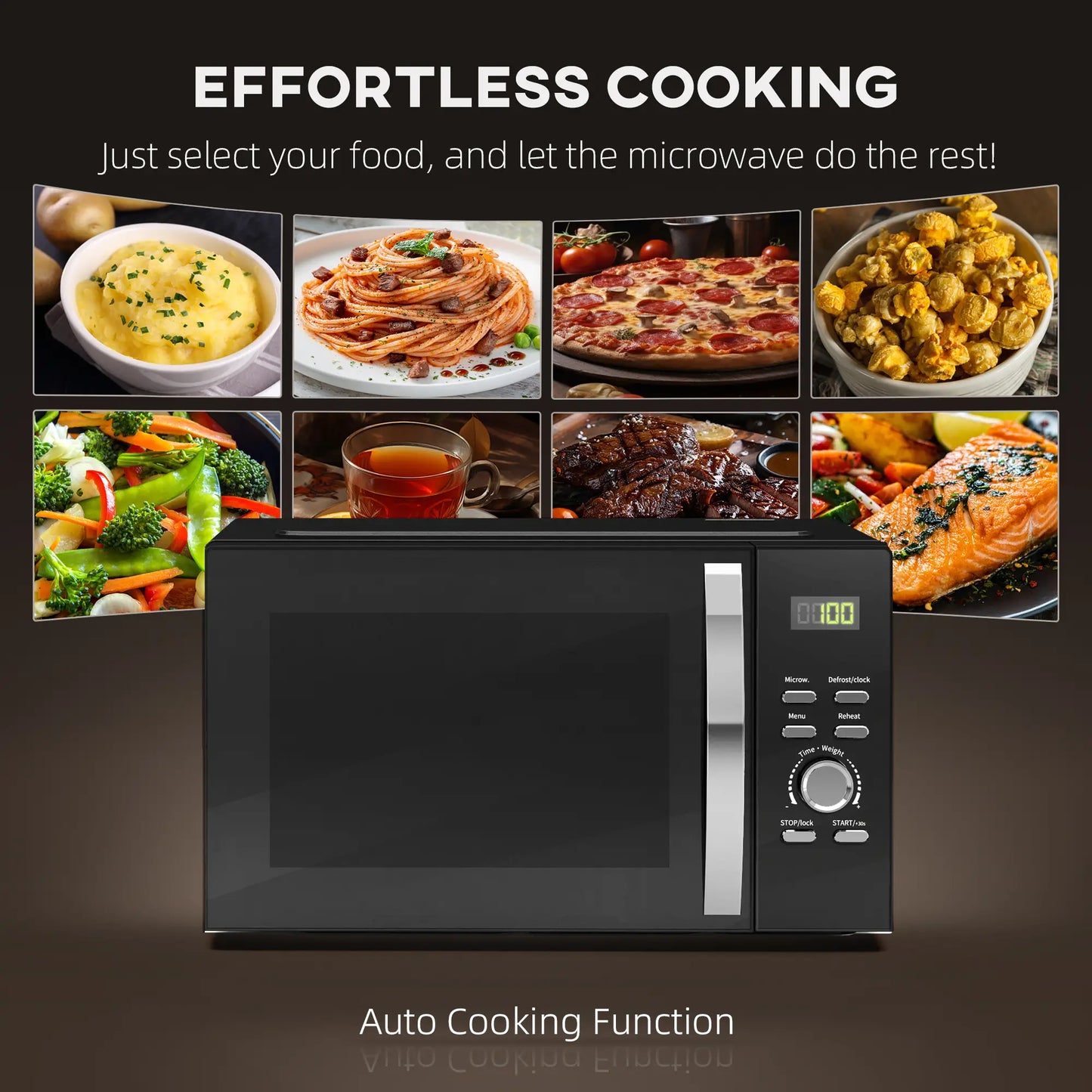 HOMCOM 23L 800W Digital Solo Microwave Oven with 5 Power Levels, Automatic Defrost, 8 Auto Cook Menus, Small, Black