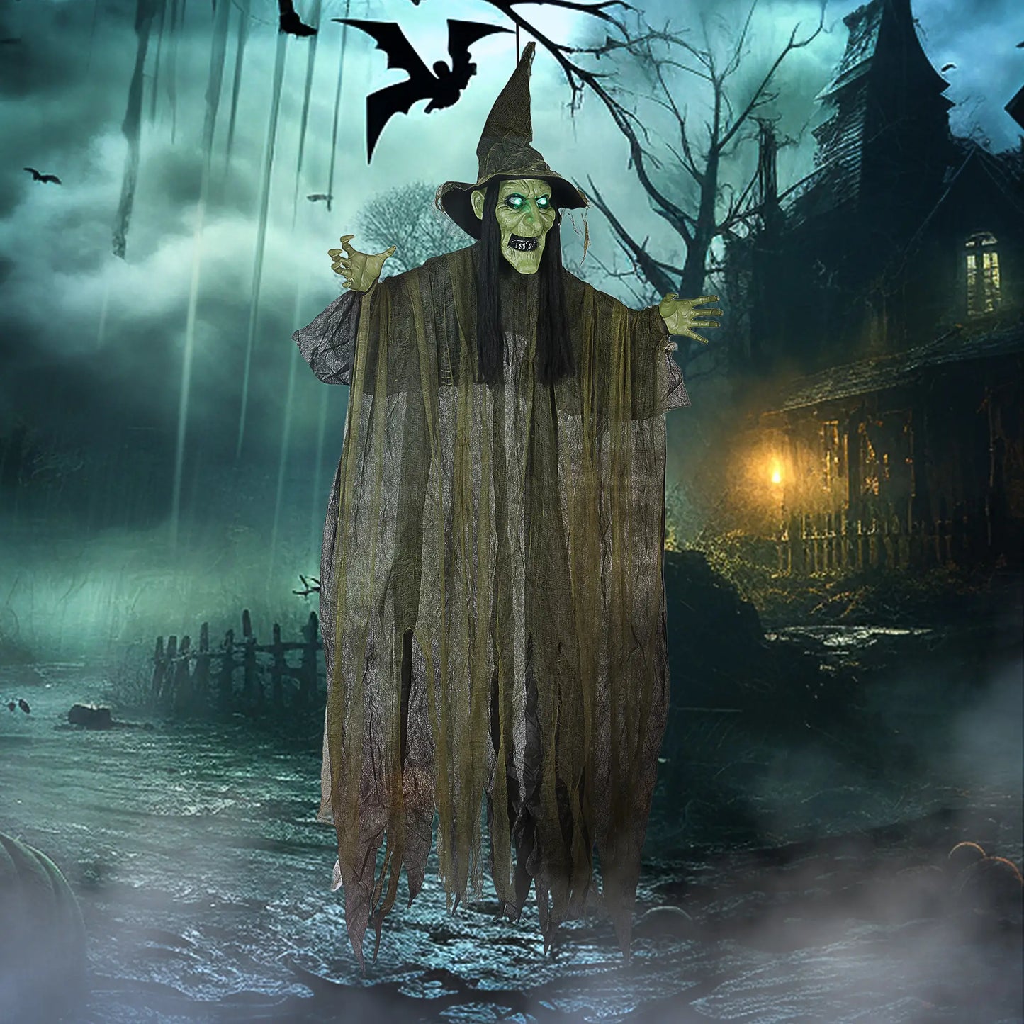 Outsunny 170 cm Hanging Halloween Animated Spooky Witch with Glowing LED Eyes, Scary Halloween Decorations, Battery Operated