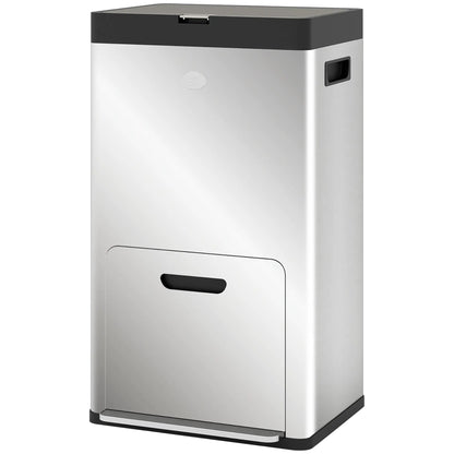 HOMCOM 56L Triple Compartment Stainless Steel Kitchen Bin with Deodoriser Holders & Wheels - Silver Tone