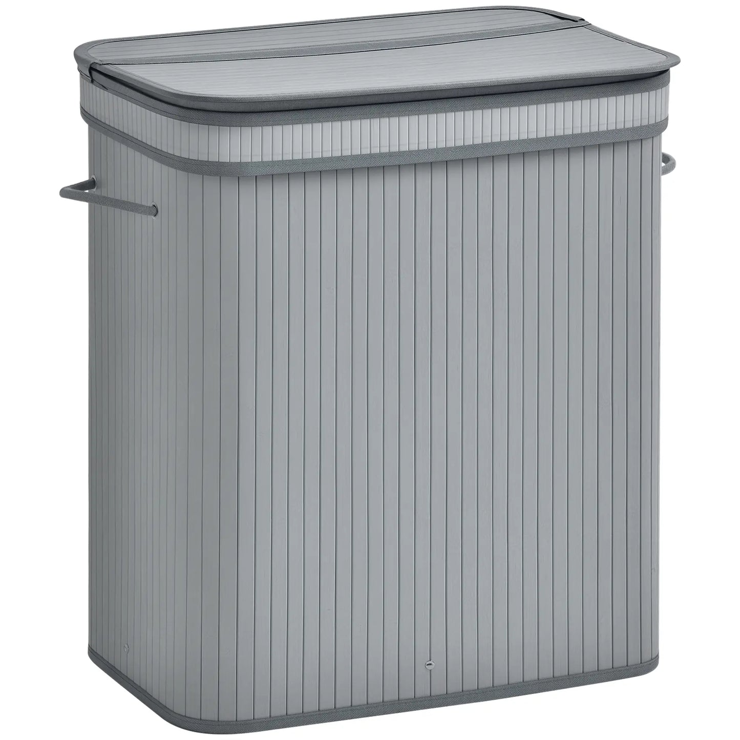 HOMCOM 100L Natural Wood Laundry Basket Compartment w/Flip Lid Removable Lining Handles Foldable, Dirty Clothes Storage, Grey