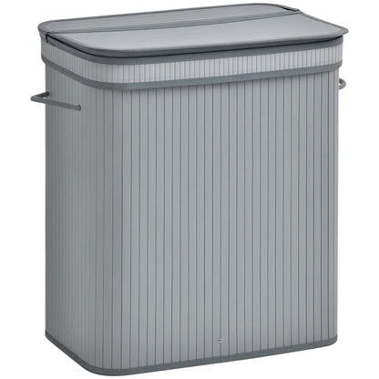 HOMCOM 100L Natural Wood Laundry Basket Compartment w/Flip Lid Removable Lining Handles Foldable, Dirty Clothes Storage, Grey