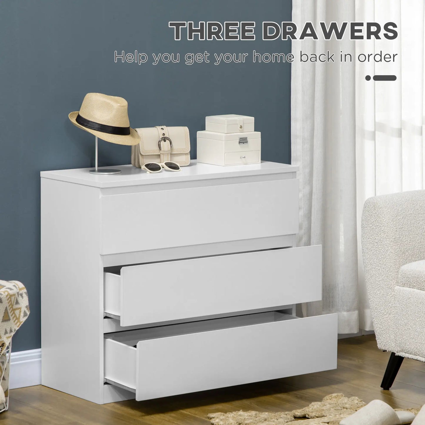 HOMCOM Chest of Three Storage Drawers with Anti-Tipping Straps - White