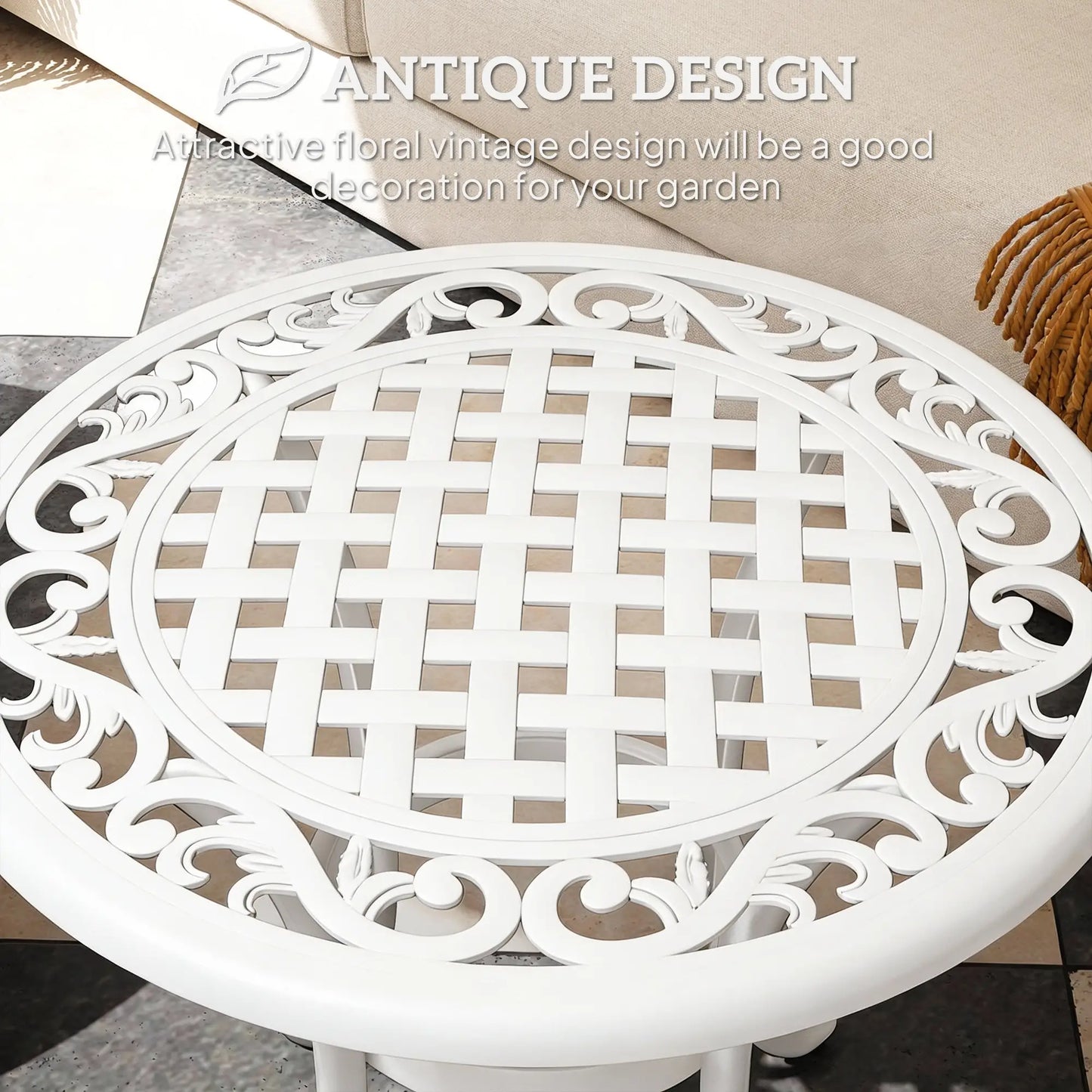 Outsunny Round Garden Table, Cast Aluminium Outdoor Patio Table, White