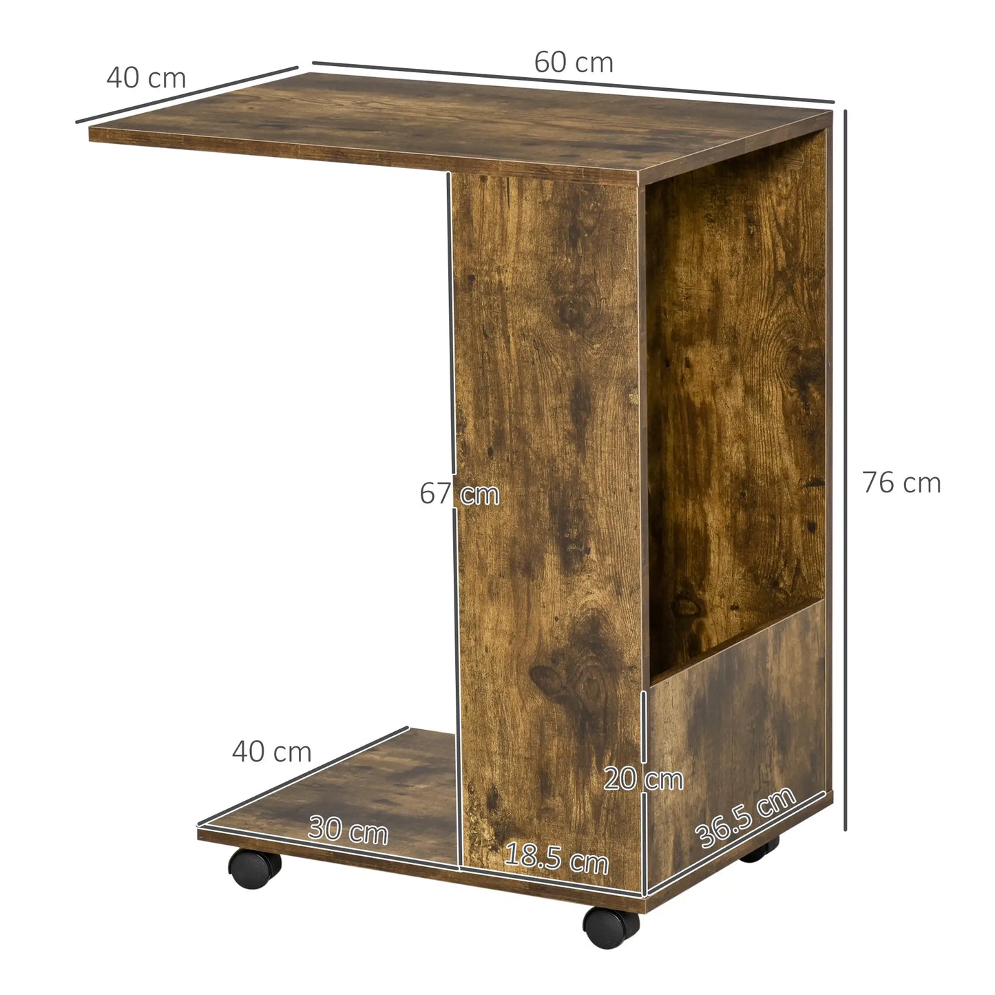 HOMCOM Mobile Sofa Side Table C-Shape End Table with Storage & Casters for Laptop Coffee Snack, Rustic Brown