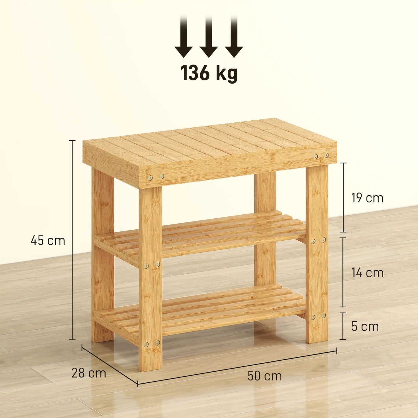 HOMCOM Two Shelf Bamboo Shoe Storage Bench Home Furniture - Natural Finish
