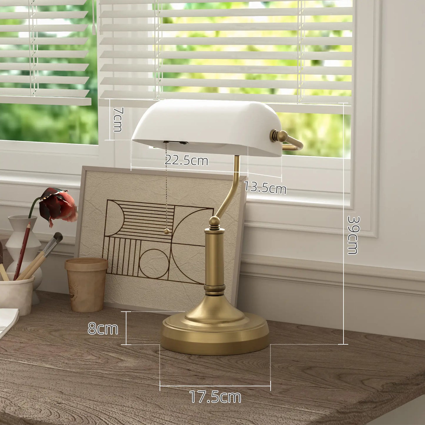 HOMCOM Banker's Desk Lamp with Antique Bronze Tone Base, Table Lamp with White Glass Shade for Home Office