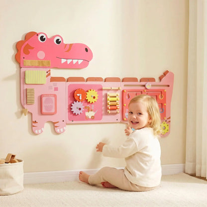 AIYAPLAY Busy Board Panels, Wall Mounted Montessori Inspired, Toddler Learning Centre Dinosaur Theme, Pink