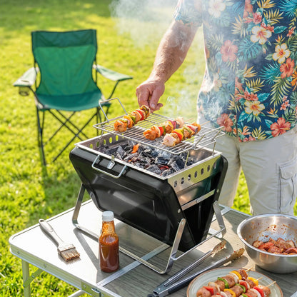 Outsunny Charcoal BBQ Grill Portable Stainless Steel Barbecue with Tilting Grate for Camping Picnic, Black