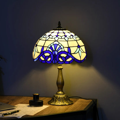 HOMCOM Tiffany Stained Glass Table Lamp, Handmade Antique Bedside Lamp, Nightstand, Night Light, Blue