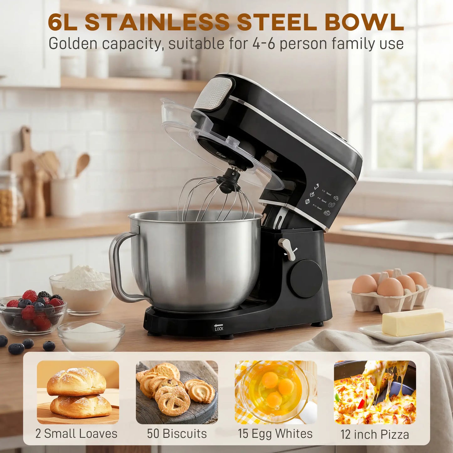 HOMCOM Stand Mixer, 6L 1400W Tilt-Head Food Mixer with 11 Speeds & LED Display, Black