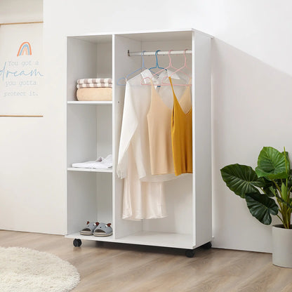 HOMCOM Open Wardrobe on Wheels, Bedroom Wardrobe with Clothes Hanging Rail, 3 Storage Shelves Rack, White