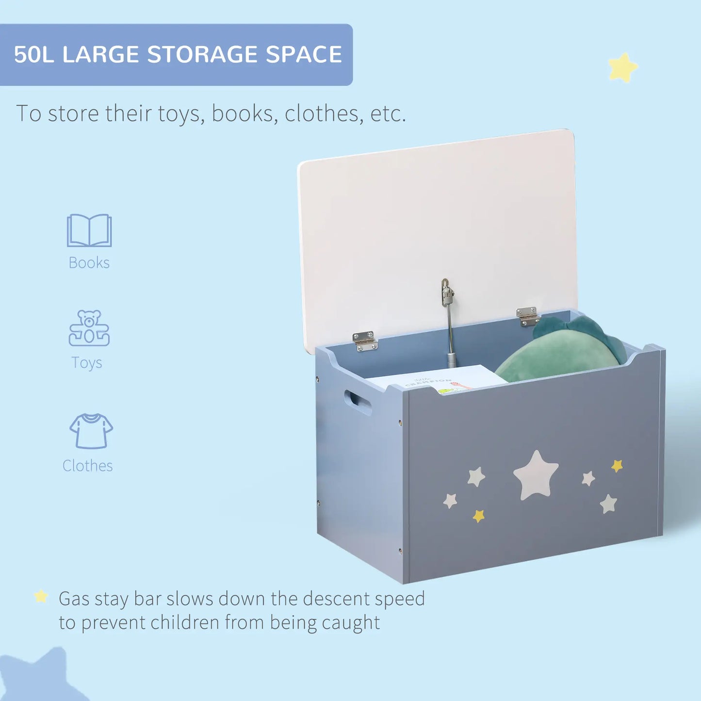 HOMCOM Kids Wooden Toy Box Children Storage Chest Organiser Side Handle, Safety Hinge Play, Blue