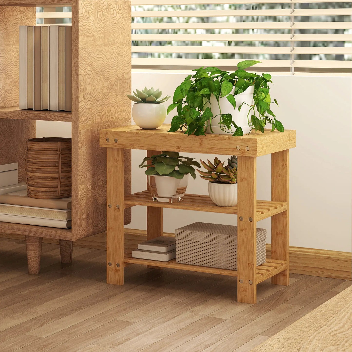 HOMCOM Two Shelf Bamboo Shoe Storage Bench Home Furniture - Natural Finish