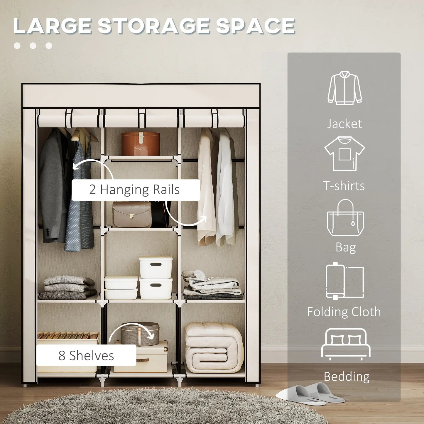 HOMCOM Fabric Cloth Wardrobe Clothes Organizer with Rails and Shelves - Cream White