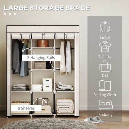 HOMCOM Fabric Cloth Wardrobe Clothes Organizer with Rails and Shelves - Cream White