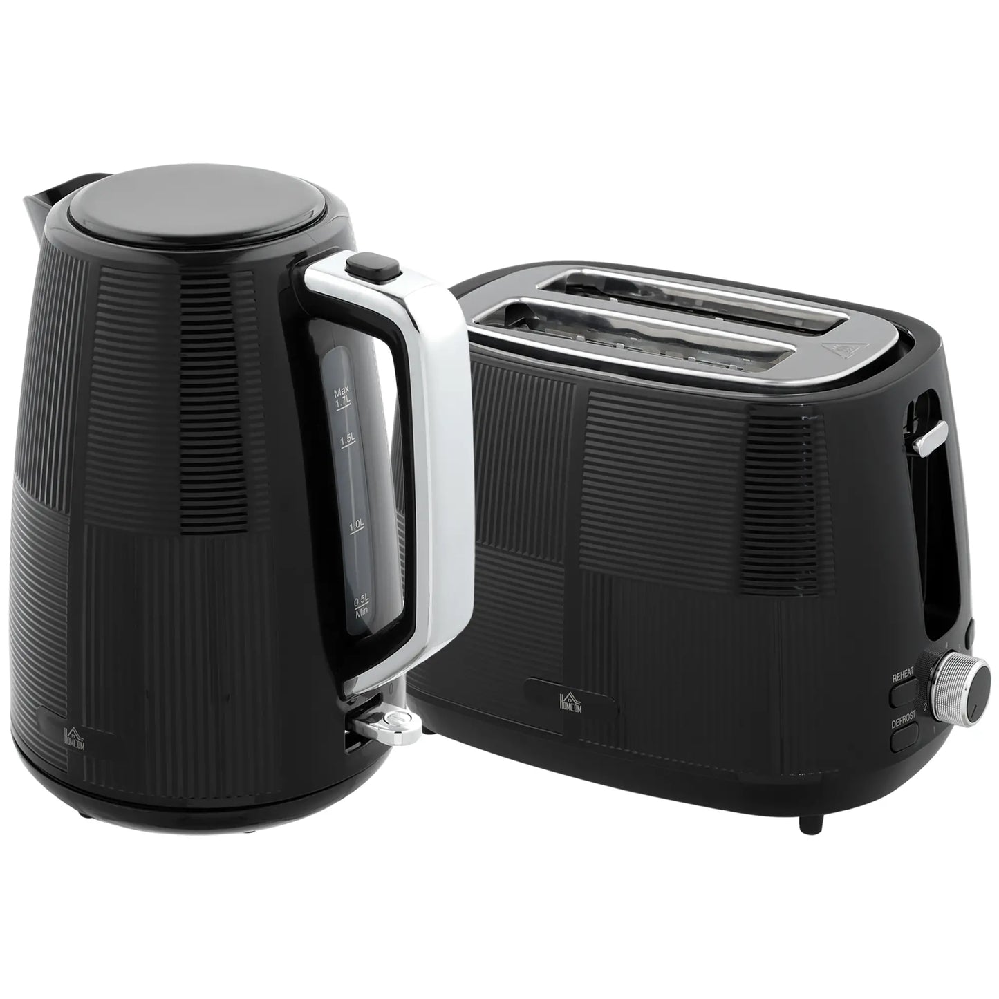 HOMCOM Fast Boil Kettle and 2 Slice Toaster Kitchen Set, 1.7L 3000W with 7 Level Browning Controls, Black