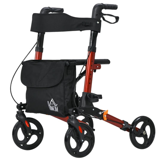 HOMCOM 4 Wheel Rollator with Seat & Back, Folding Mobility Walker with Carry Bag, Adjustable Height, Cane Holder, Aluminium Walking Frame for Seniors, Red