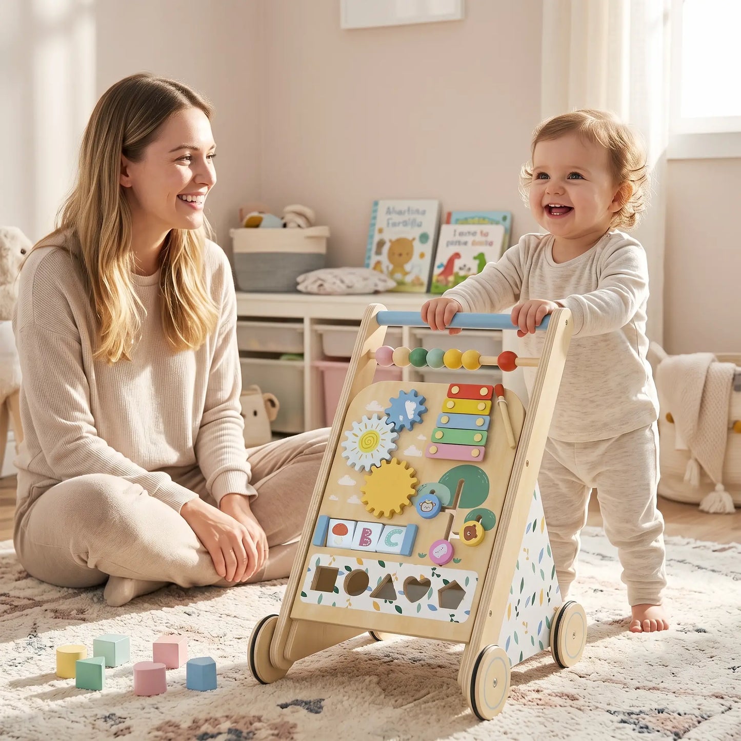 AIYAPLAY Wooden Baby Walker, Toddler Push Along Walker with Speed Control, Activity Centre for 18 Months+
