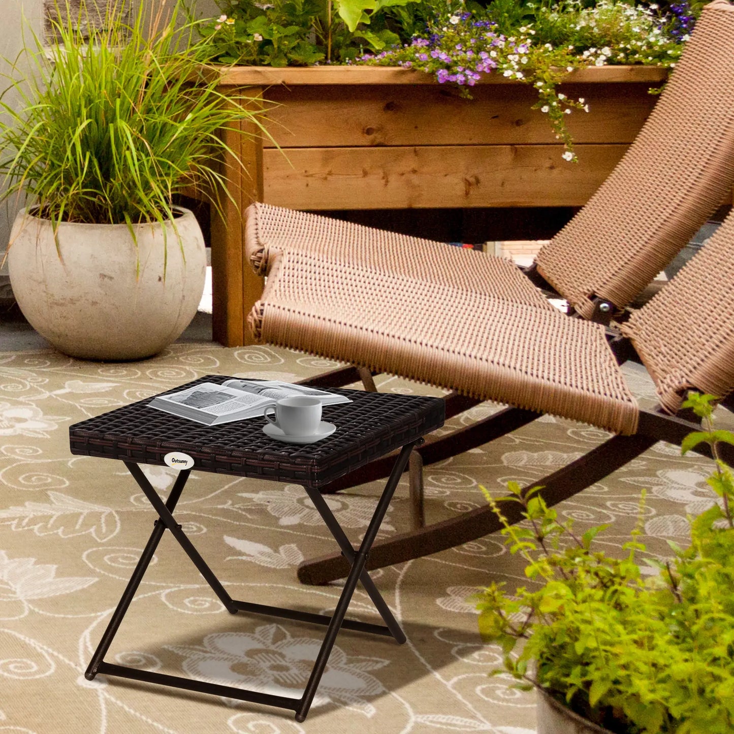 Outsunny Folding Rattan Garden Coffee Table, Small Square Outdoor Bistro Side Table for Patio, Balcony, Porch, Brown