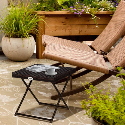 Outsunny Folding Rattan Garden Coffee Table, Small Square Outdoor Bistro Side Table for Patio, Balcony, Porch, Brown
